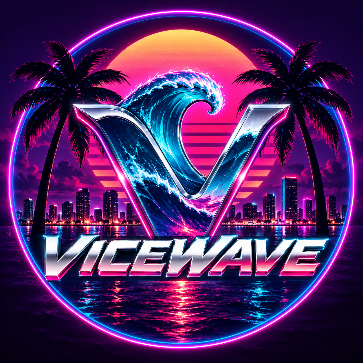VICEWAVE neon palm and wave emblem